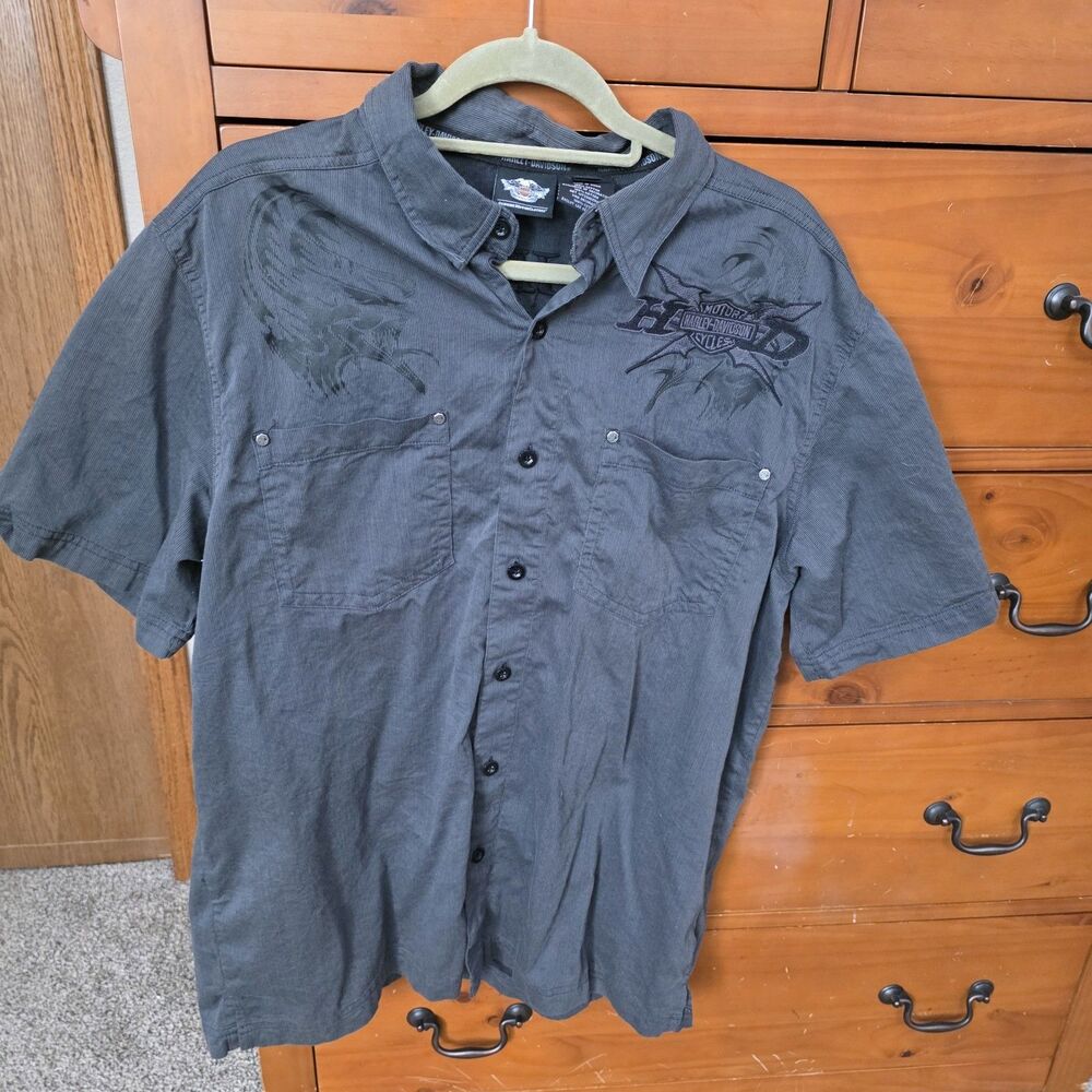 Harley-Davidson Embroidered Button-Up Shirt Size XL  Short Sleeve Gray Black